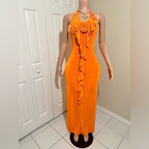 Orange Ruffle Pocket Maxi Dress